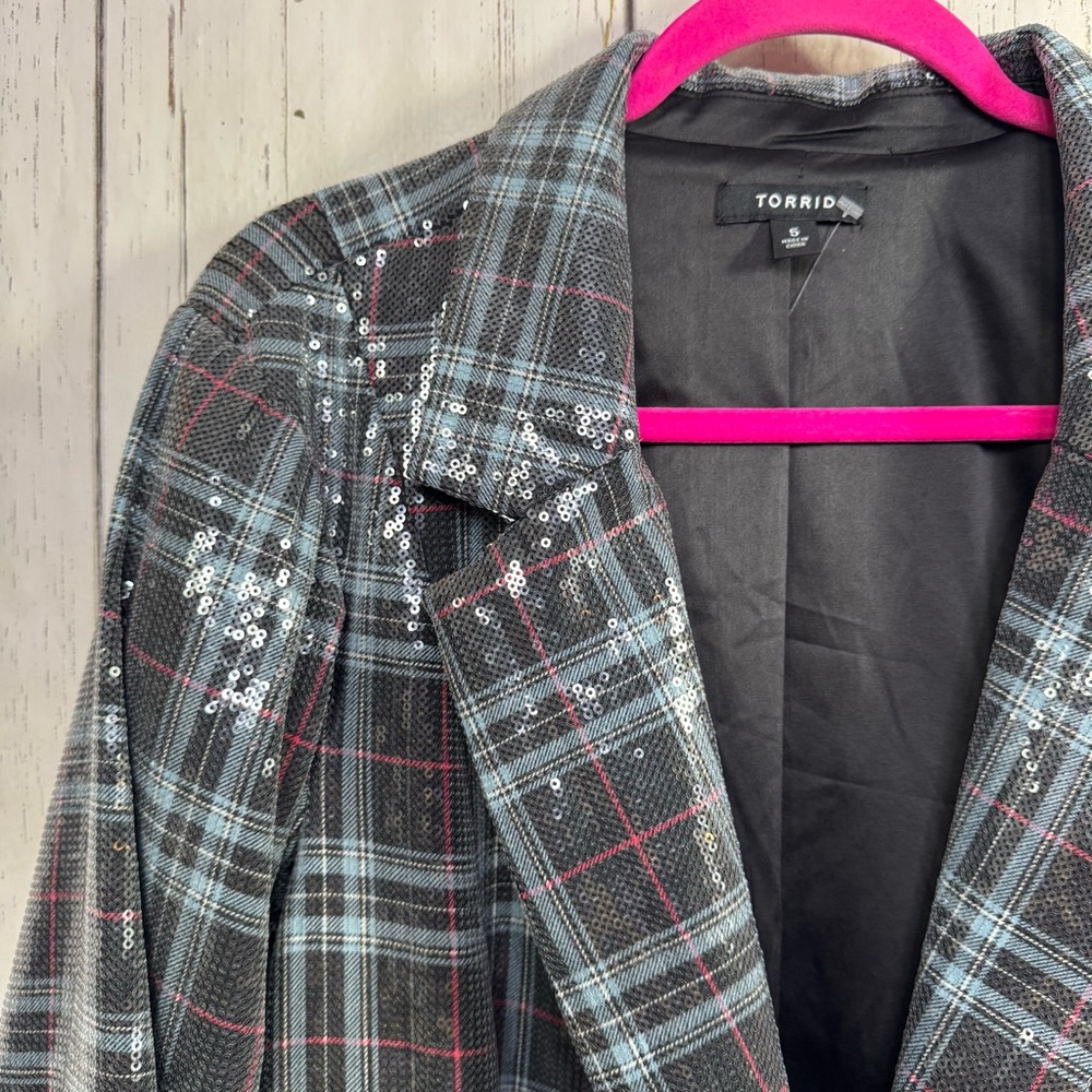 Torrid Plaid Sequin Blazer Gray Black Chic Glam Plus Size 5X Casual Artsy - Picture 3 of 15